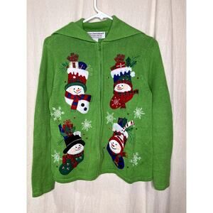 2000s Tiara International Lime Green Stockings Snowman Christmas Zip Sweater S